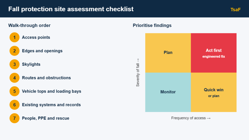 Site assessment checklist diagram: seven walk-through areas and a frequency vs severity priority matrix