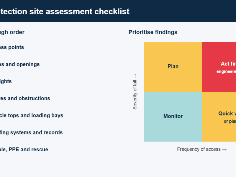 Site assessment checklist diagram: seven walk-through areas and a frequency vs severity priority matrix
