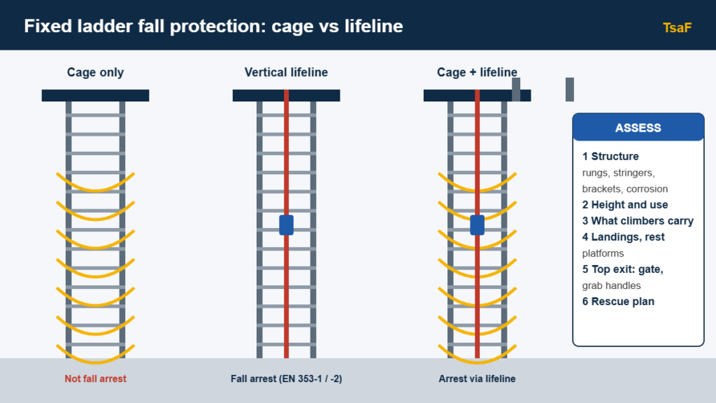 Fixed ladder fall protection diagram comparing cage only, vertical lifeline, and cage plus lifeline, with assessment steps