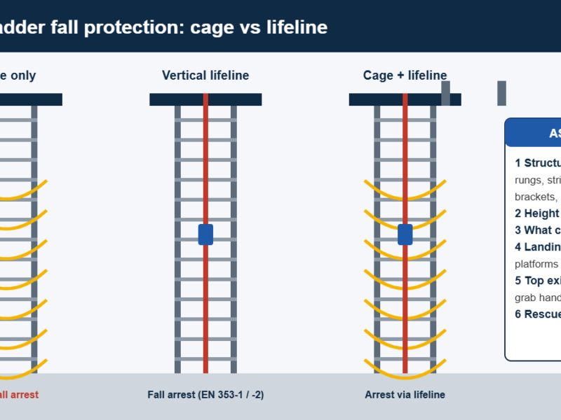 Fixed ladder fall protection diagram comparing cage only, vertical lifeline, and cage plus lifeline, with assessment steps