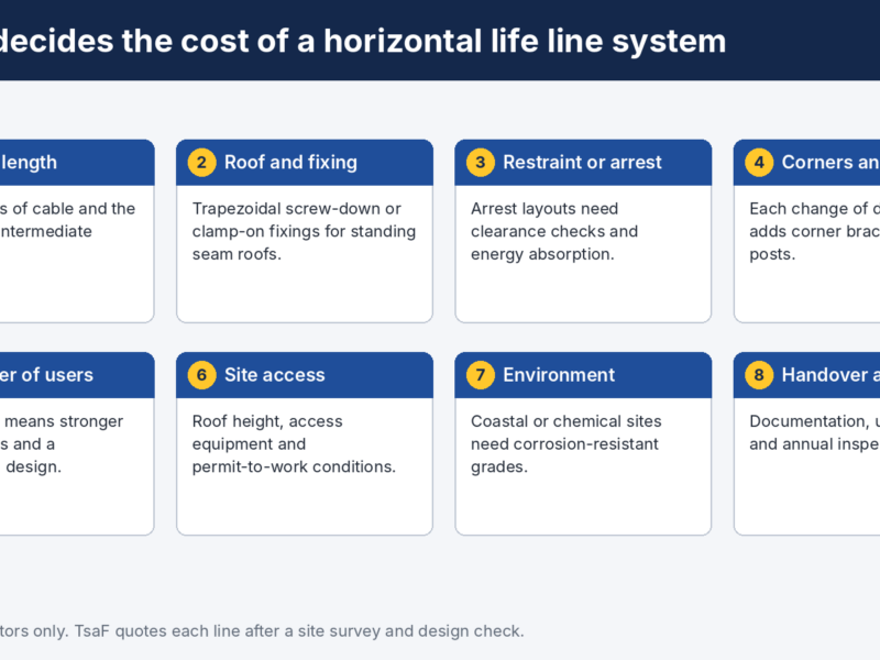 Infographic of eight factors that decide the cost of a horizontal life line system