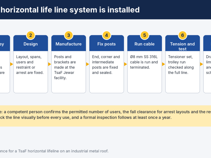 Seven-step diagram of horizontal life line system installation from survey to handover