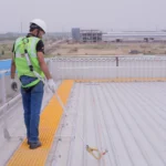 TsaF horizontal lifeline system installed on an industrial metal roof