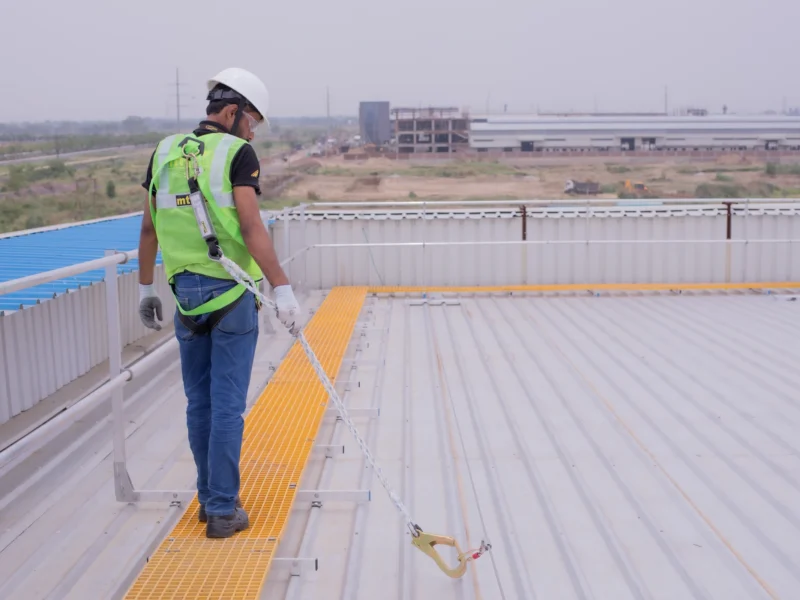 TsaF horizontal lifeline system installed on an industrial metal roof