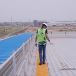TsaF horizontal lifeline system installed on an industrial metal roof