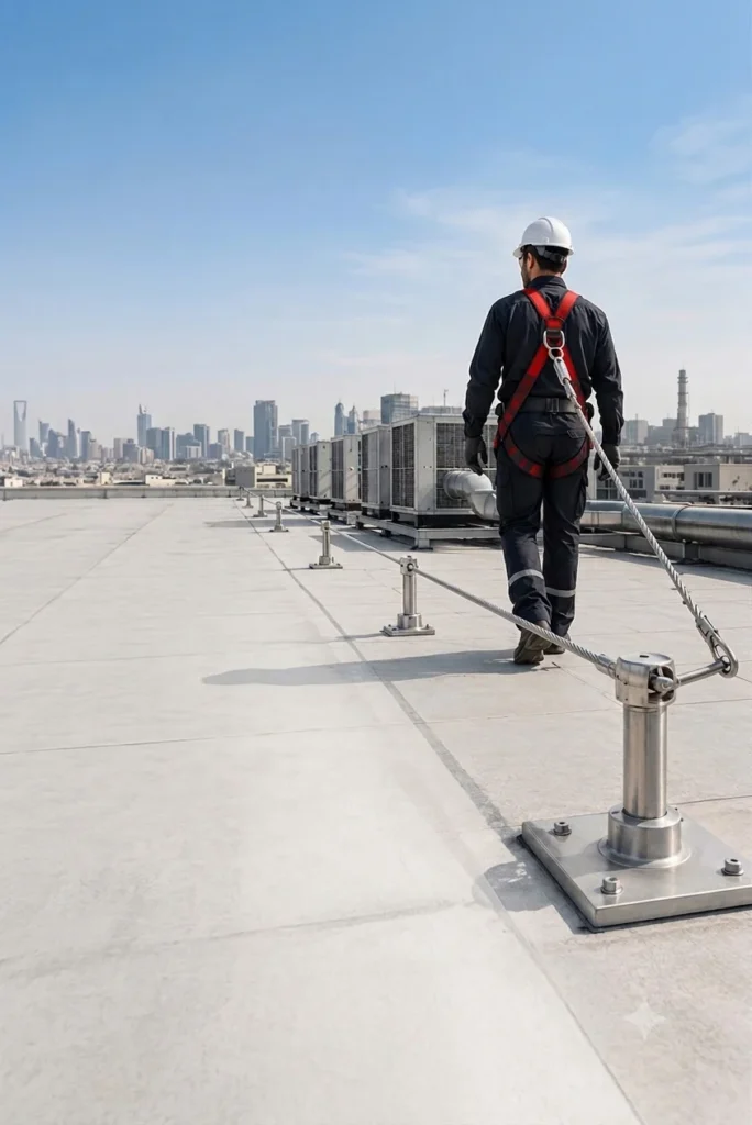 TsaF horizontal lifeline system installed on an industrial metal roof