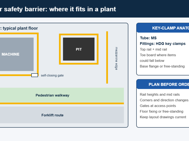 Modular safety barrier plan view guarding a machine, pit, mezzanine edge and walkway beside a forklift route