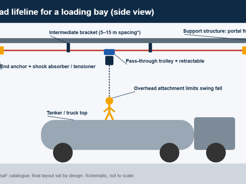 Overhead lifeline diagram for a loading bay: support frame, cable, trolley and retractable above a tanker