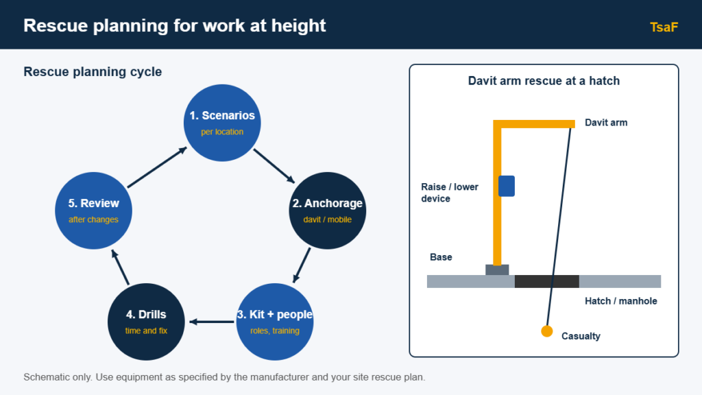 Rescue planning cycle diagram with scenarios, anchorage, kit and people, drills and review, plus a davit arm rescue at a hatch
