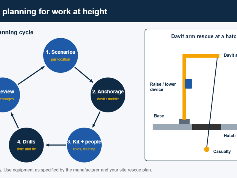 Rescue planning cycle diagram with scenarios, anchorage, kit and people, drills and review, plus a davit arm rescue at a hatch