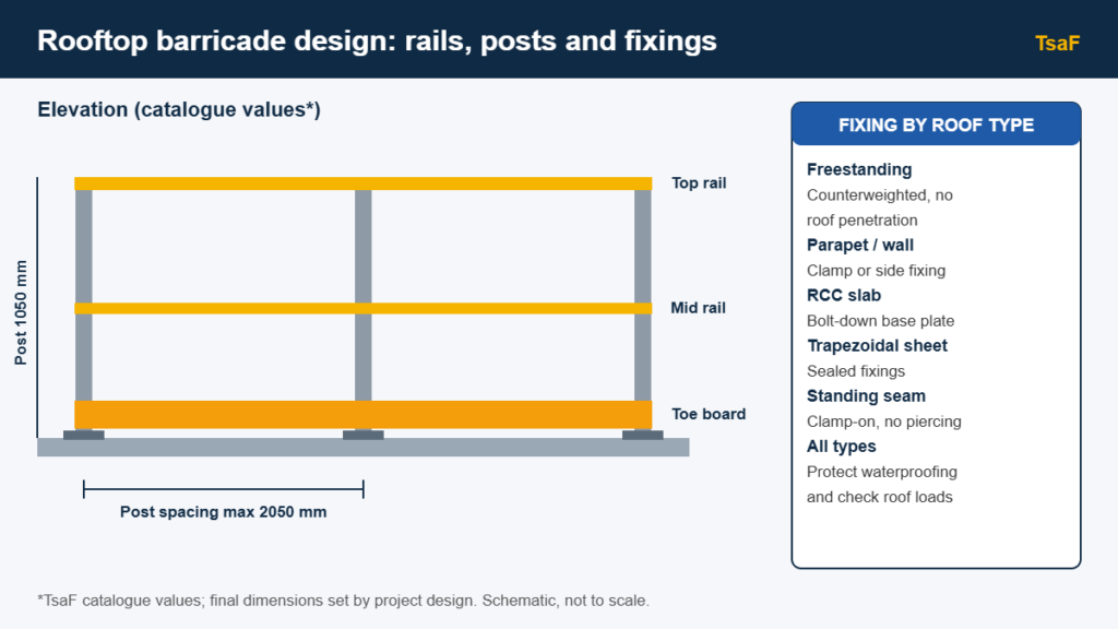 Rooftop barricade design diagram: top rail, mid rail, toe board, 1050 mm posts and fixing options by roof type