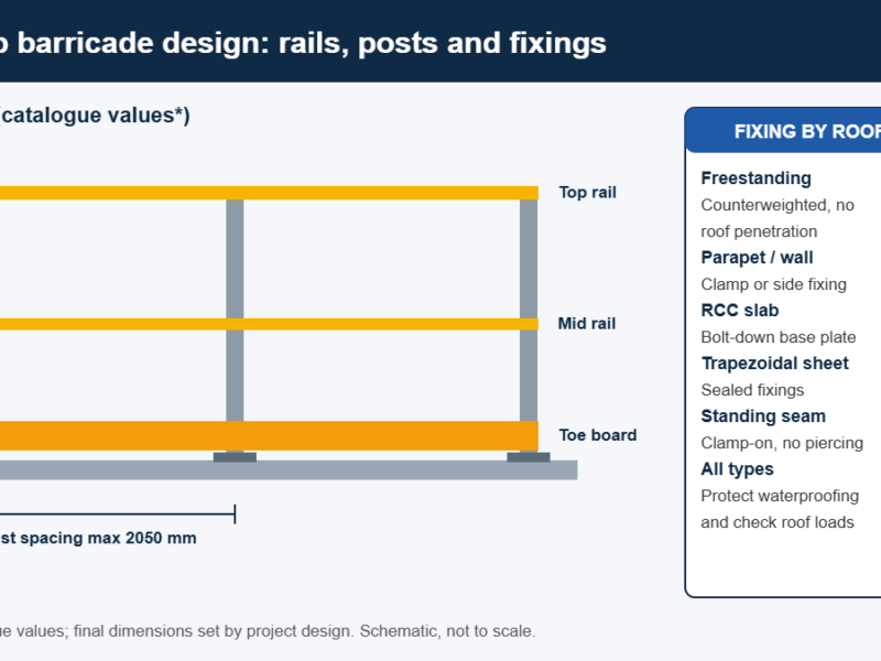 Rooftop barricade design diagram: top rail, mid rail, toe board, 1050 mm posts and fixing options by roof type