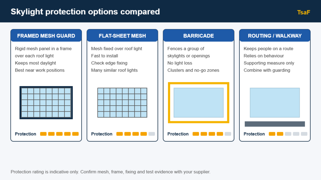 Skylight protection options diagram comparing framed mesh guard, flat-sheet mesh, barricade and walkway routing