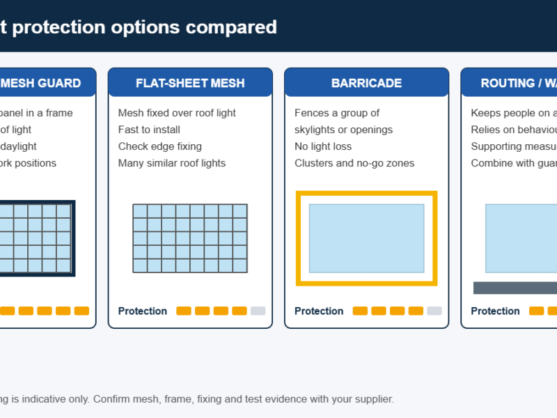 Skylight protection options diagram comparing framed mesh guard, flat-sheet mesh, barricade and walkway routing