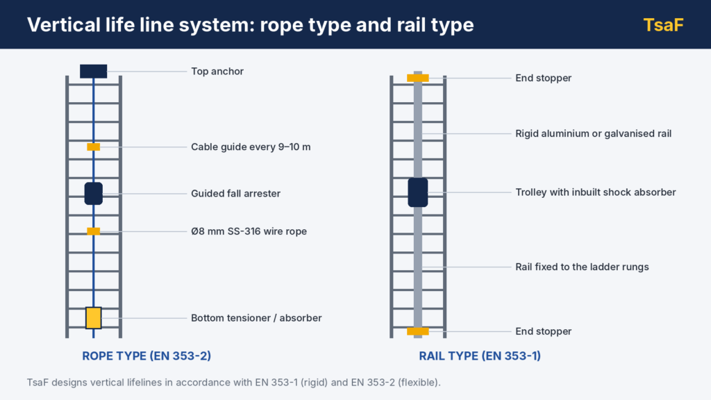 Diagram comparing rope type and rail type vertical life line systems on a fixed ladder