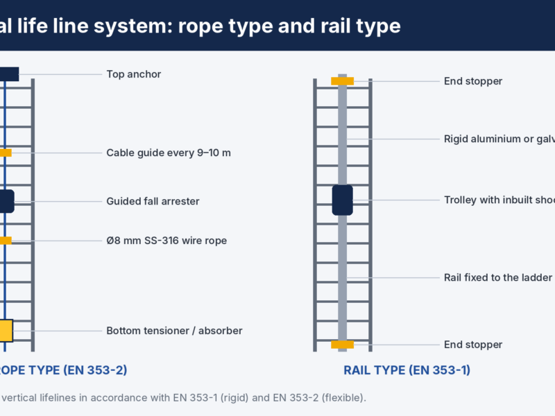 Diagram comparing rope type and rail type vertical life line systems on a fixed ladder